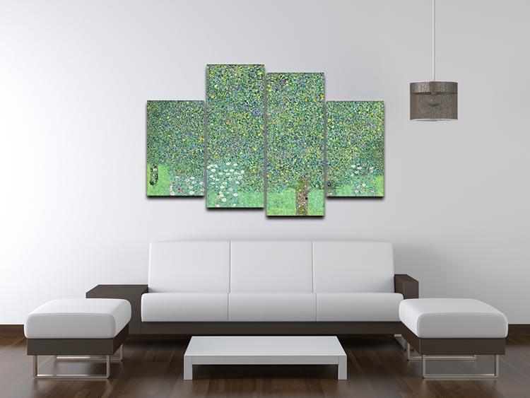 A beautiful 4-split canvas artwork featuring Klimt's Rose bushes under the Trees, showcasing vibrant colors and intricate details across four panels.